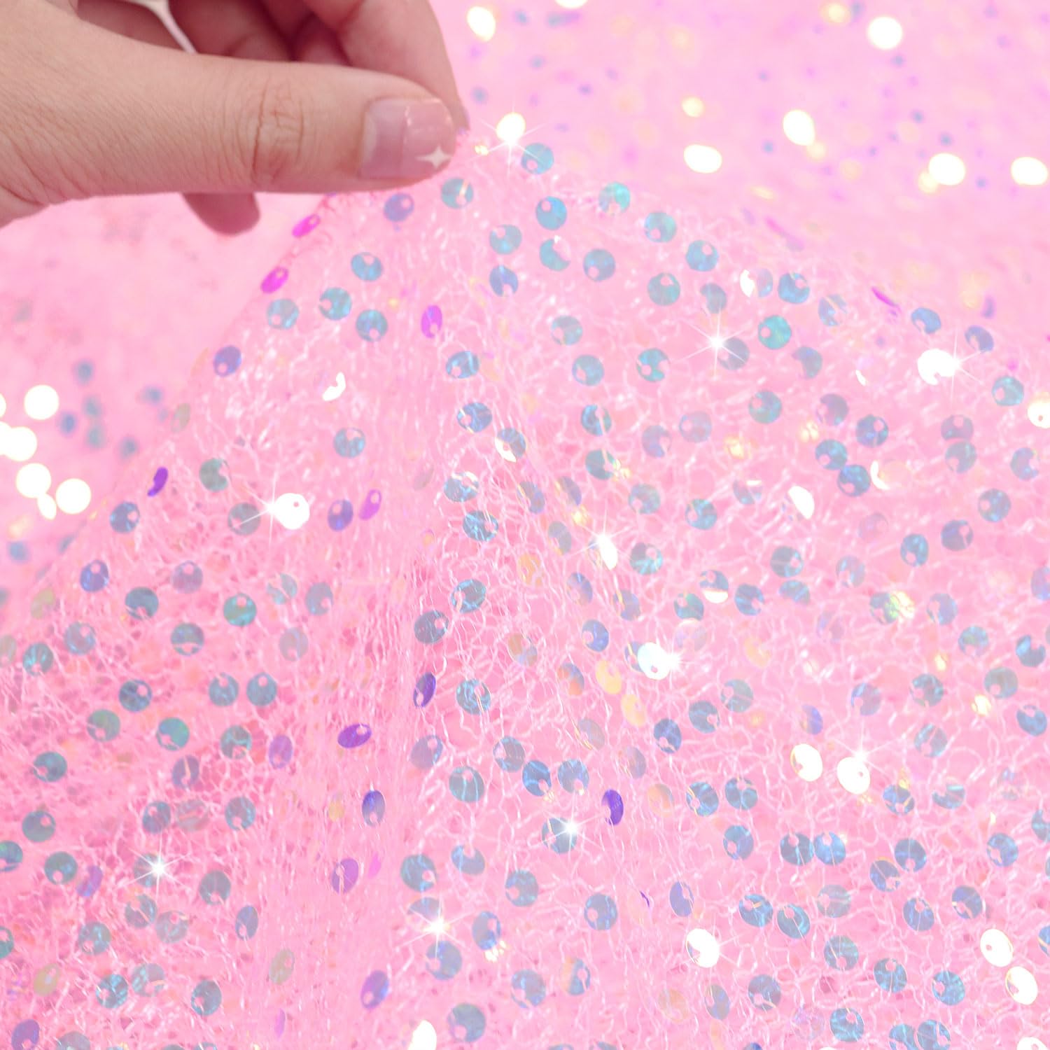 FUHSY Sequin Fabric by The Yard Sequin Pink Fabric Sparkly Sequin Material Fabric Iridescent Mermaid Fabric 1 Yard Large Sequins Sewing Fabric Glitter for Costume Dresses Clothing DIY Crafts