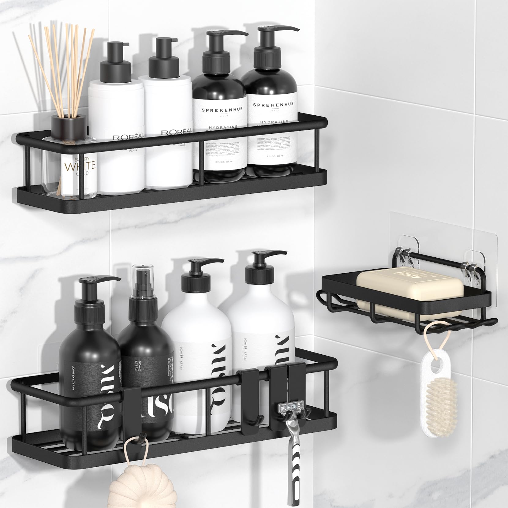 YASONIC Shower Caddy Adhesive, No Drill Bathroom Shower Organizers, with Removable Hooks and Soap Holder, Rust Proof Shower Shelves, Wall-Mounted Shower Holder, 3 Pack, Black