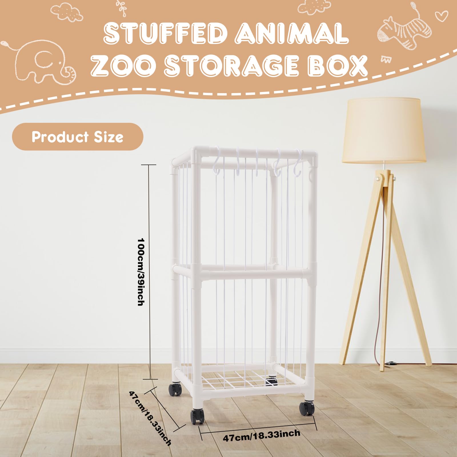 Joonly Stuffed Animal Storage, Stuffed Animal Zoo Storage Box with 360° Brake Wheels Toy Storage Holder, Plush Toys Storage Organizer for Kids Playroom, Bedroom, Nursery