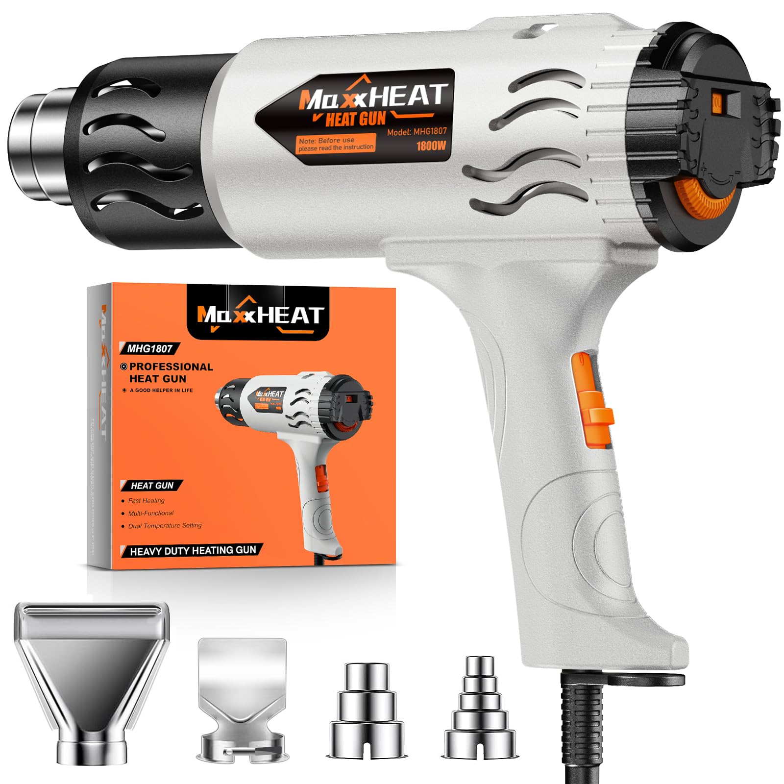 Heat Gun - Newly Upgraded Cool Mode 100℉~1200℉ with Dual Fuses for Shrink Tubing & Crafts, 1800W Heavy Duty Hot Air Gun Variable Temperature Control with 4 Nozzles for Crafting, Resin, Vinyl Wrap