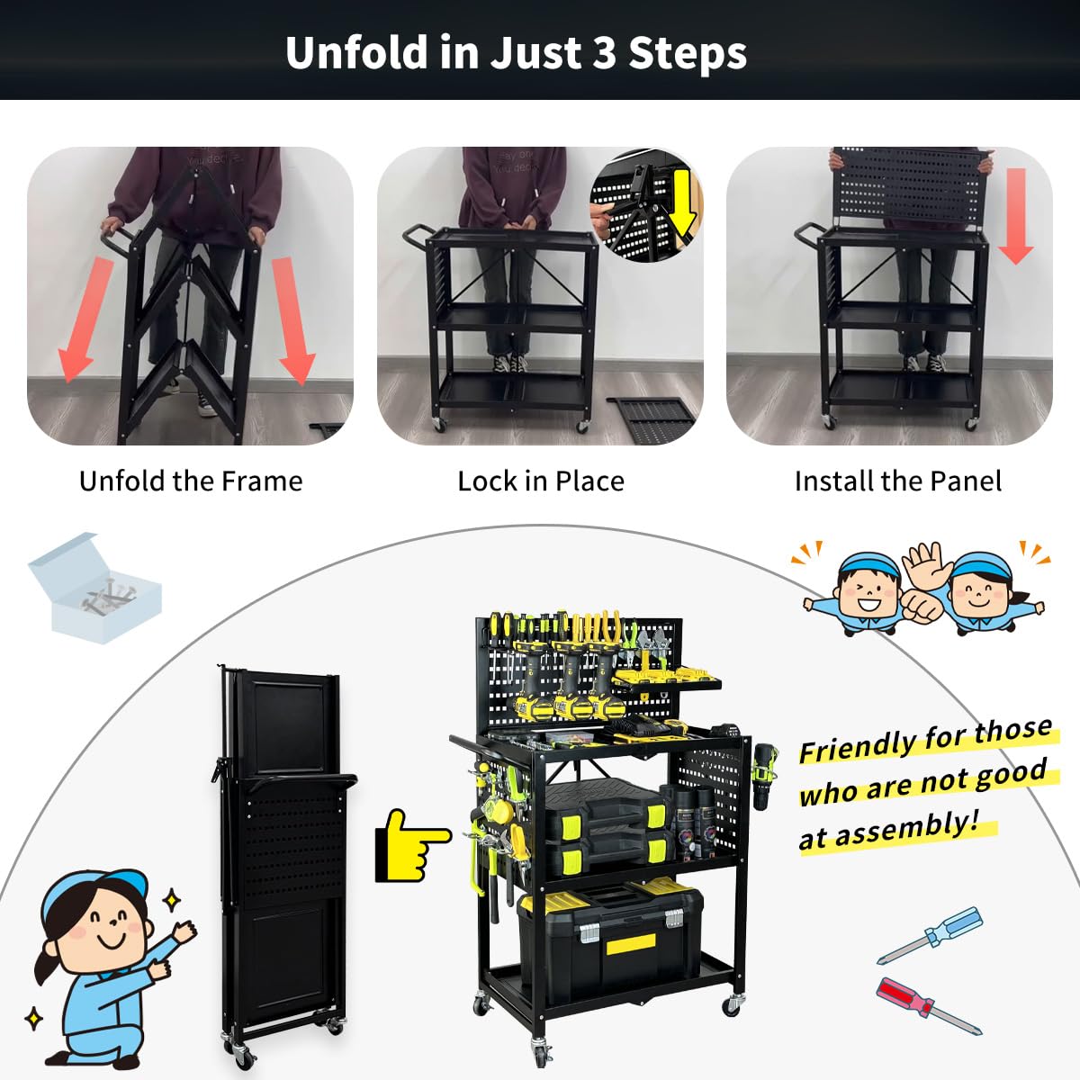 Lumizone 3-Tier Foldable Rolling Tool Cart with Wheels, Utility Cart with Pegboard for Garage Organizer and Tool Storage, Power Tool Storage Cart on Wheels (Tool Cart)