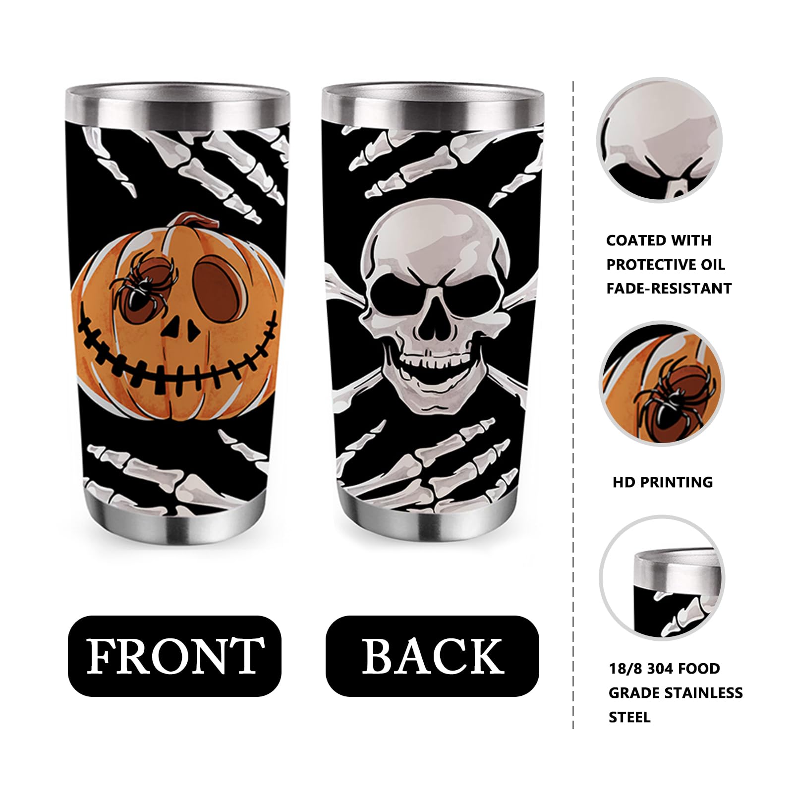 Zzkol Halloween Jack O Lantern Pumpkin Tumbler with Lid and Straw, Spooky Skull Skeleton Spider Stainless Steel Travel Coffee Cup, 20oz Gothic Holiday Double Wall Vacuum Insulated Mug Halloween Gifts