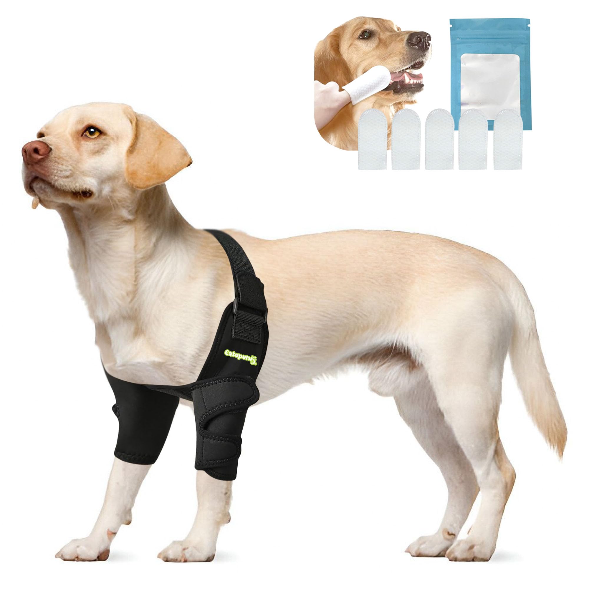 CATUPUNIS Dog Elbow Protector + [5 Dog Teeth Cleaning Wipes] Dog Shoulder Brace. Hygroma Elbow Pads for Dogs. Dog Elbow Brace Front Leg Brace for Dogs. Dog Elbow Pads. Dog Leg Brace Front