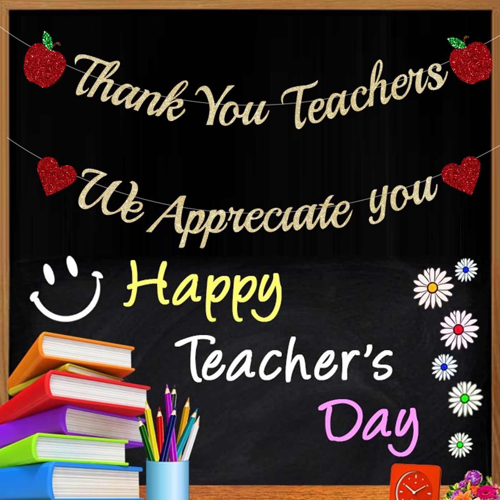 Teacher Appreciation Decorations Banner Glittery Thank You Teachers We Appreciate You Banner Teacher Appreciation Week Garland Banner with Glittery Red Heart Apple Teacher Day Teachers Day Party Decorations Supplies