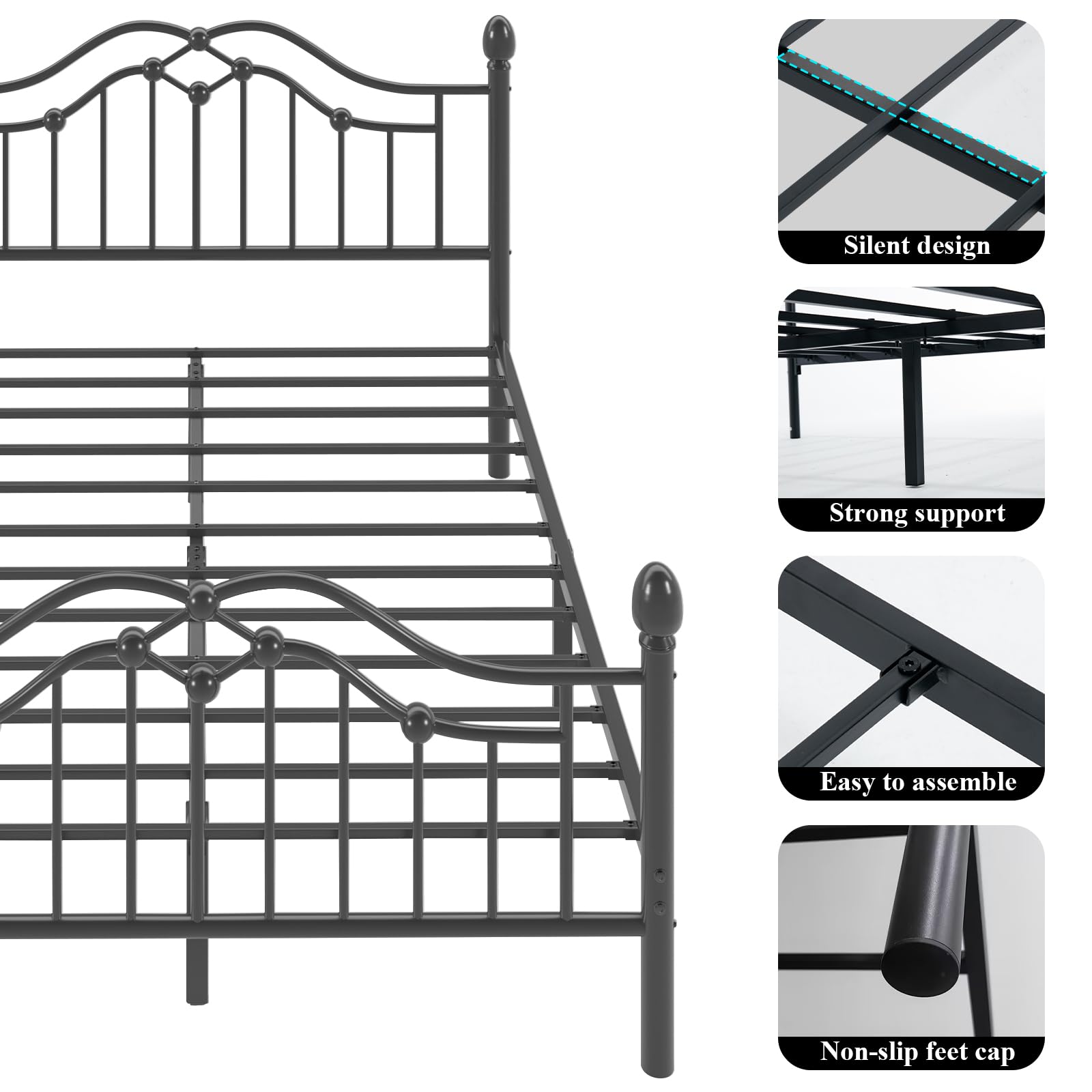 LOEWAY Full Metal Bed Frame with Classical Headboard and Footboard, Platform Bed Frame with Sturdy Metal Slats Support, Adequate Under Bed Storage, No Box Spring Needed, Easy Assembly, Black