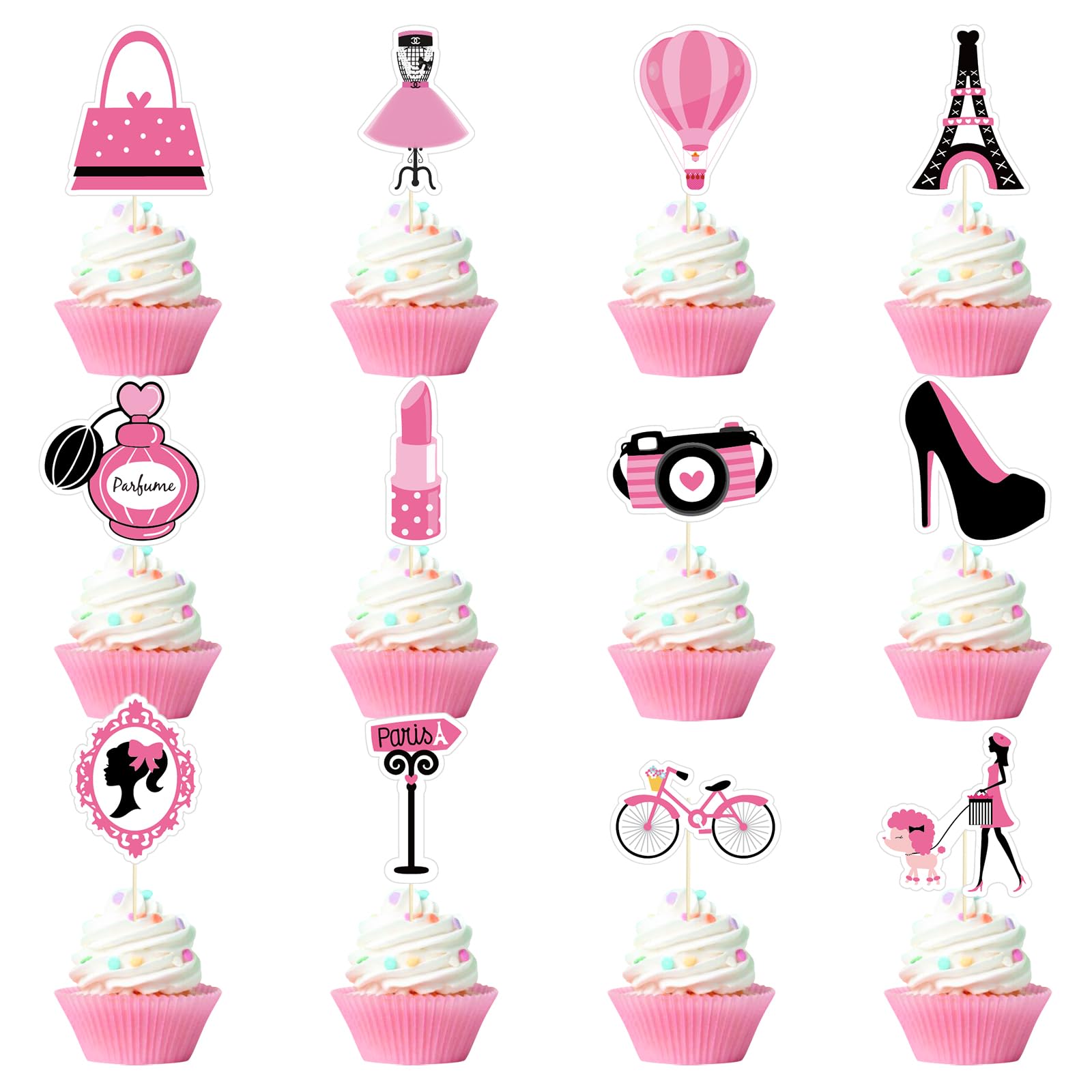 24 Pcs Pink Paris Princess Theme Cupcake Toppers for Girls Birthday Party Handbag Eiffel Tower Lipstick Tie High Heel Cupcake Decorations for Bridal Baby Shower Birthday Wedding Party Supplies