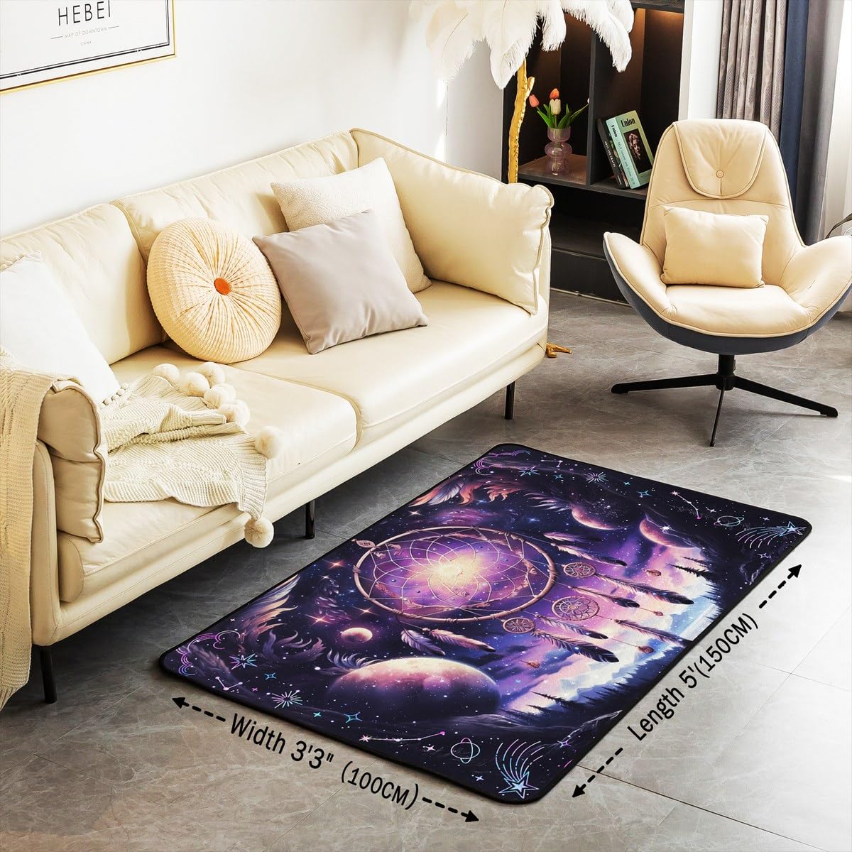 Dream Catcher Rug 3'x5',Purple Boho Dream Catcher Decor Area Rug for Girls Women Men Teens,Galaxy Bohemian Feather Print Non Shedding Rug for Bedroom Playroom Living Room