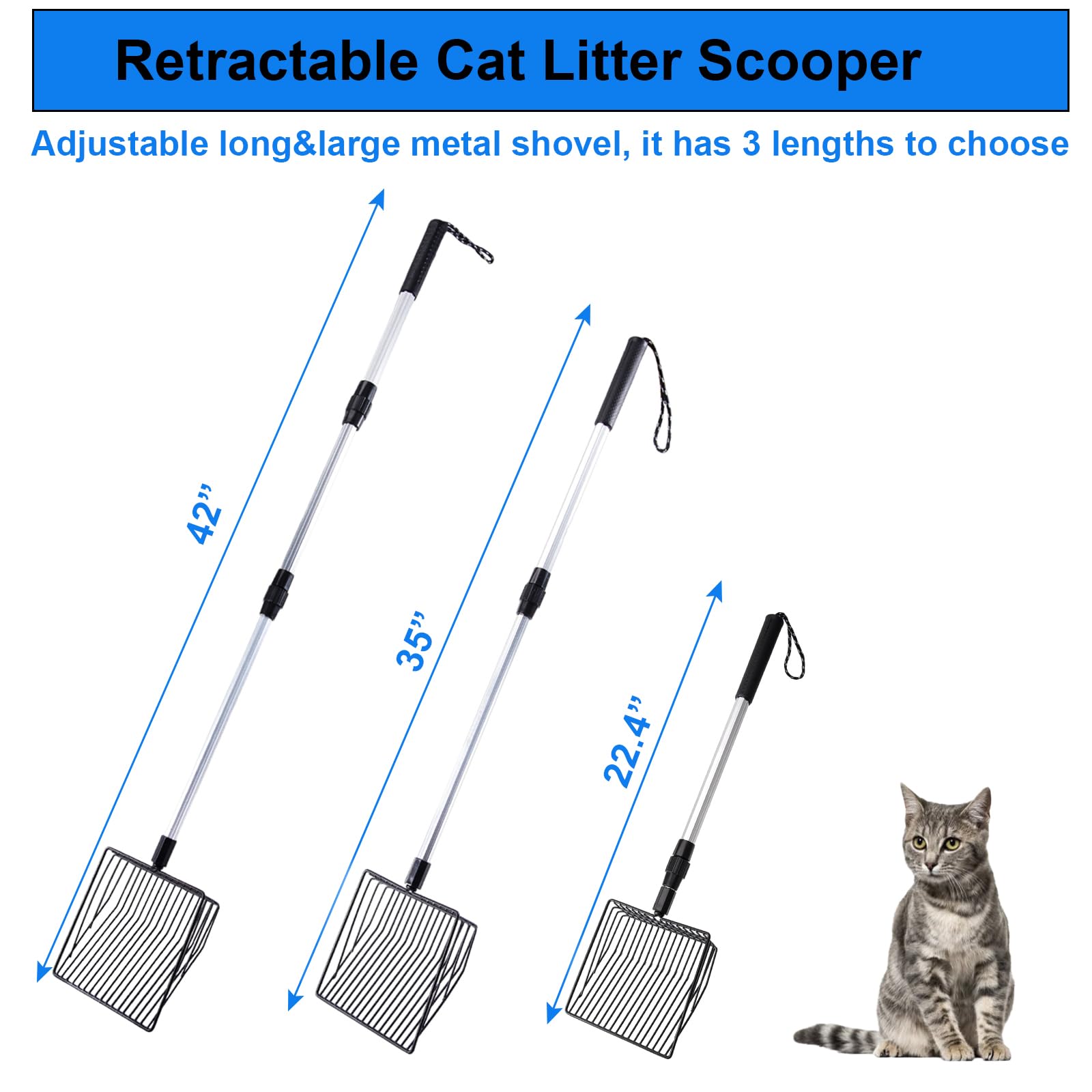 HEOIZI 2 in 1 Cat Litter Scoop, Chicken Poop Scooper,Retractable Cat Litter Metal Shovel, 22.4"-42" Longer Sifting Shovel Cat Litter Scooper for Cats/Rabbit/Dog Use