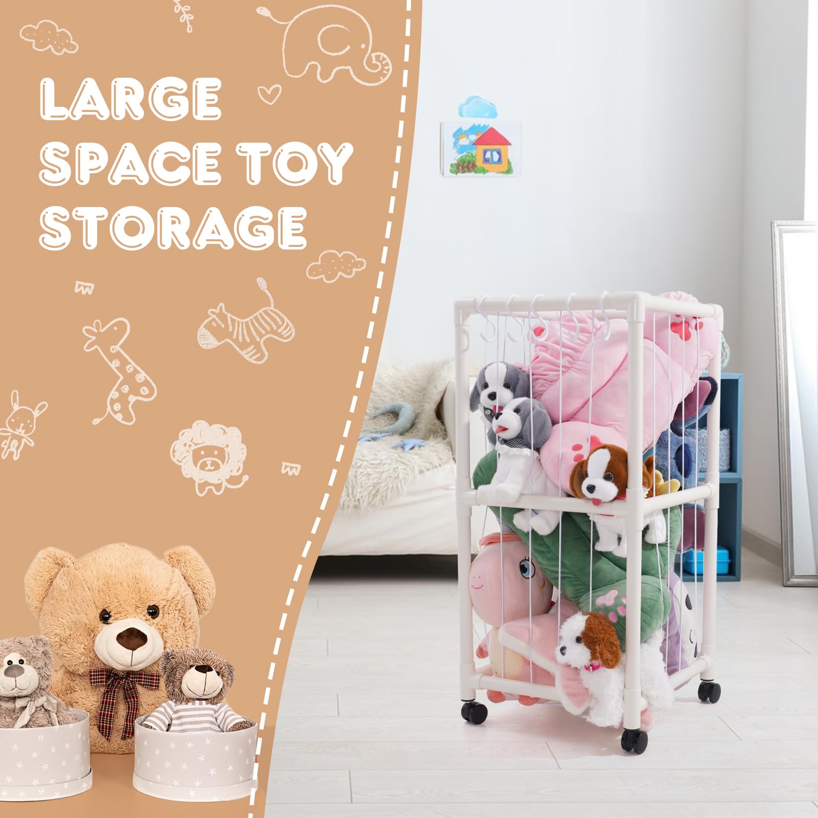 Joonly Stuffed Animal Storage, Stuffed Animal Zoo Storage Box with 360° Brake Wheels Toy Storage Holder, Plush Toys Storage Organizer for Kids Playroom, Bedroom, Nursery