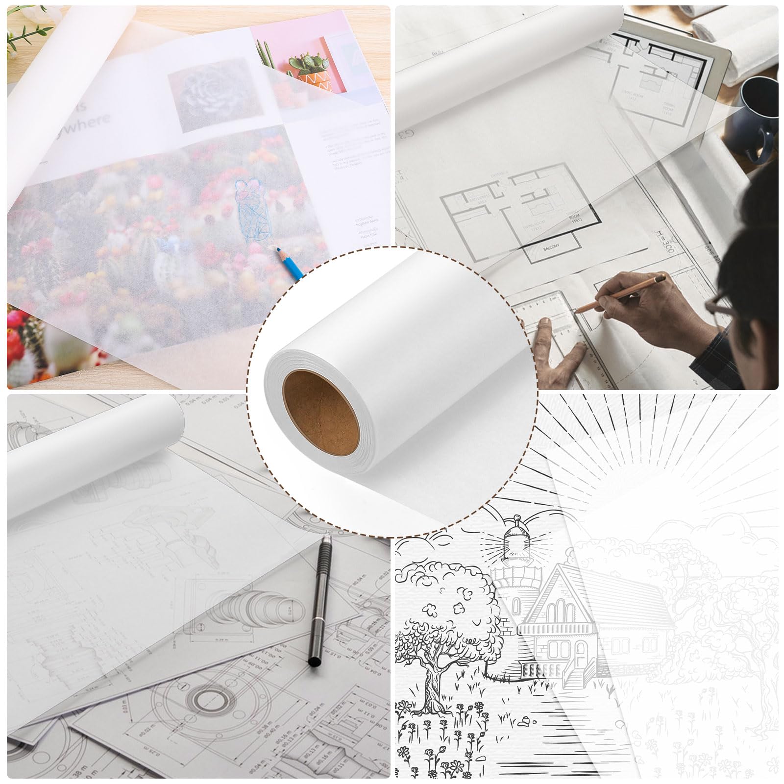 Tracing Paper Roll 12in x 25yd, White Trace Paper Pattern Paper Translucent Tracing Paper for Sewing, Drawing, Sketching, Gift Wrapping