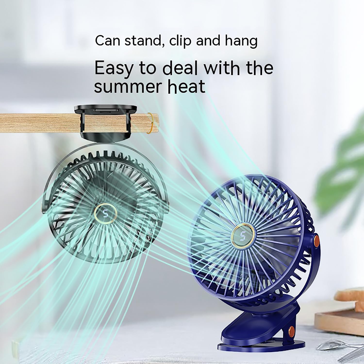 AbuDodo Portable Clip on Fan with LED Light, Digital Display, Quiet, 5-Speed Rechargeable Mini Table Fan, 360° Rotation: Personal Cooling Device for Home, Office, Stroller, Camping, Outdoor - Blue