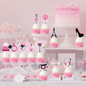 24 Pcs Pink Paris Princess Theme Cupcake Toppers for Girls Birthday Party Handbag Eiffel Tower Lipstick Tie High Heel Cupcake Decorations for Bridal Baby Shower Birthday Wedding Party Supplies