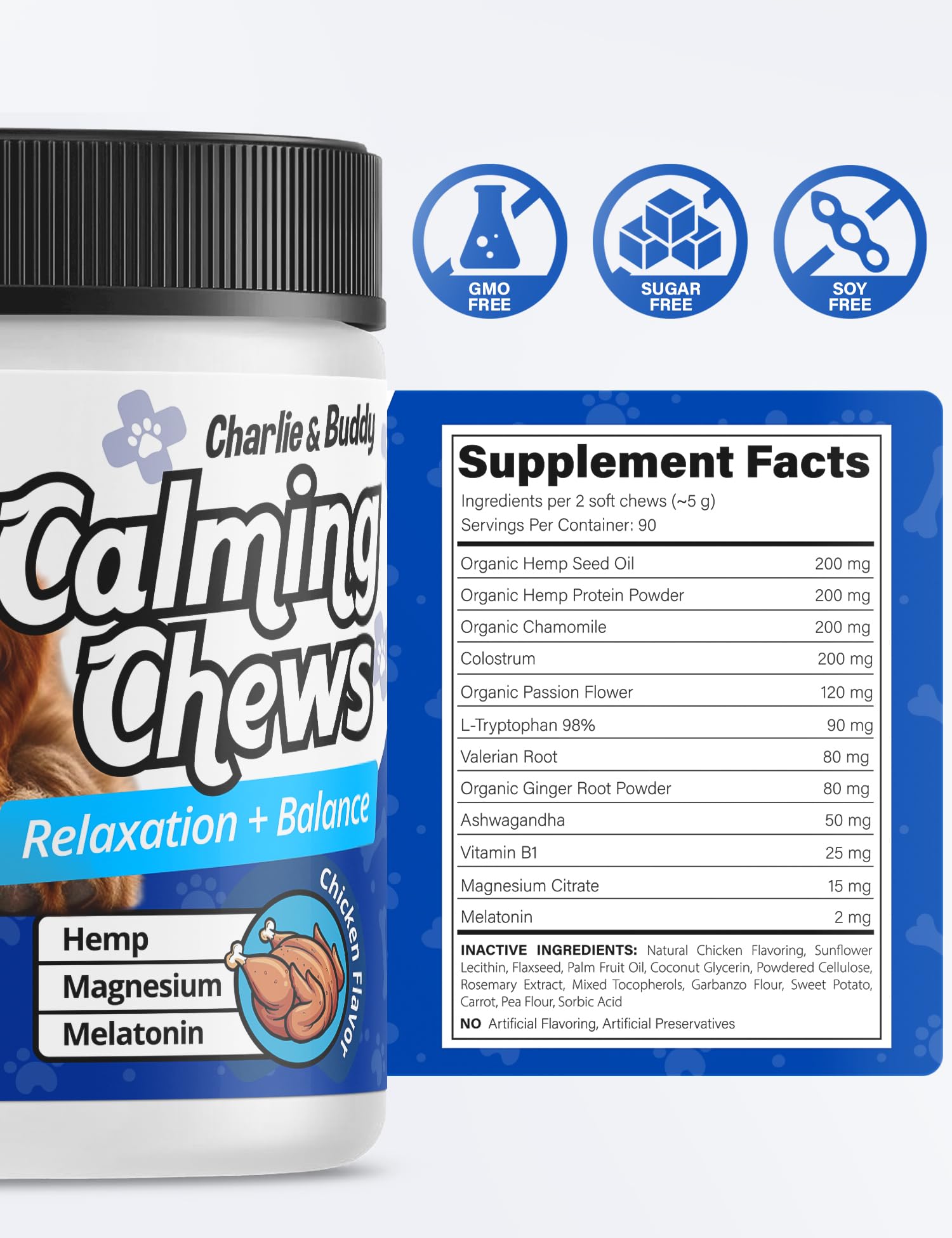 Charlie & Buddy Calming Chews for Dogs, Dog Anxiety Relief, Promote Relaxation, Dog Calming Chews with Melatonin for Dogs, Chamomile, Magnesium Citrate, 90 Soft Chews, Chicken Flavor