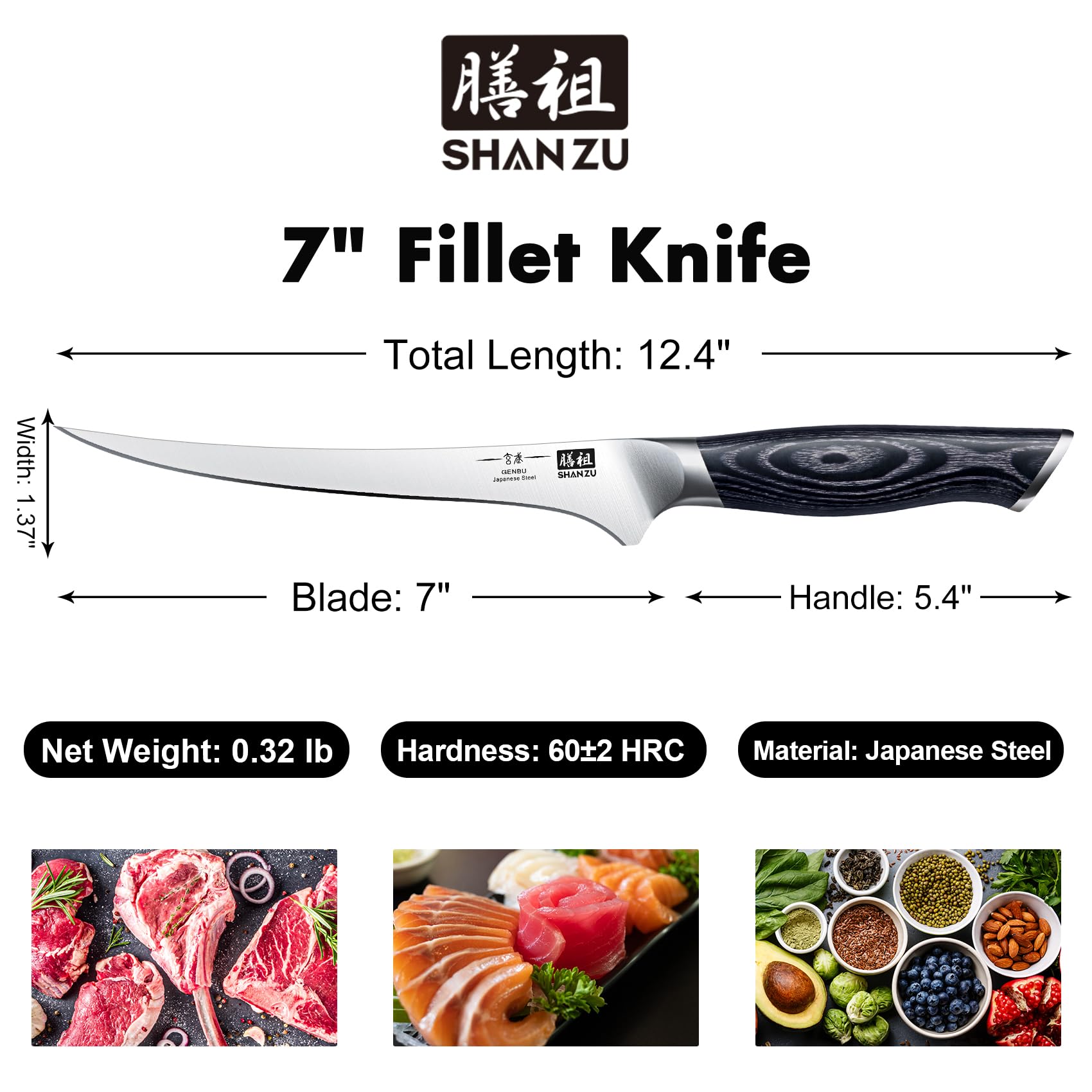 SHAN ZU 7 Inch Fillet Knife, Japanese Super Steel Boning Knife, Professional Ultra Sharp Fish knife with K133 Ergonomic Handle, Black Tortoise Genbu Series