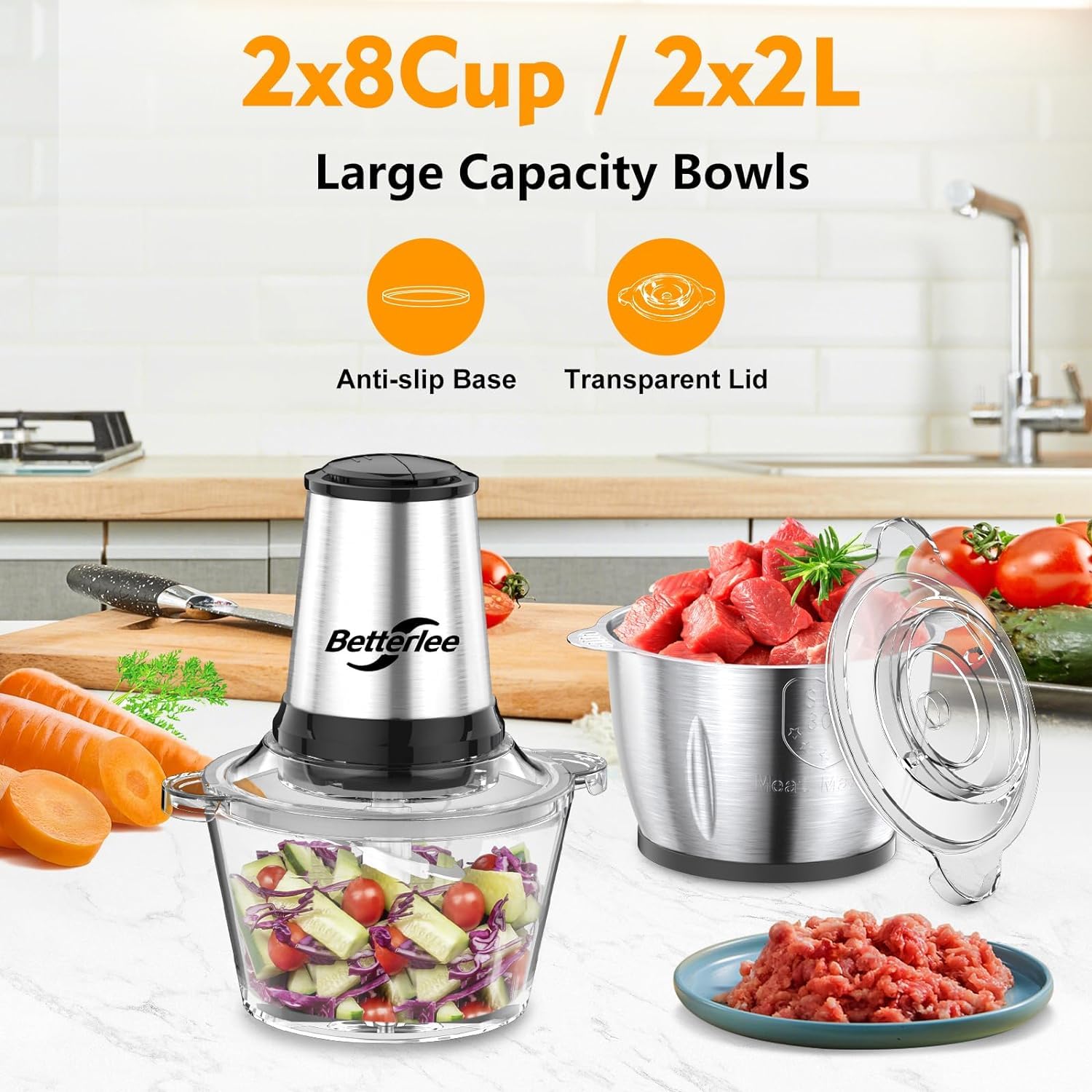 Food Processor, Meat Grinder & Veggie Chopper with 2 Bowls (8 Cup+8 Cup) - Includes 1 Set of Bi-Level Blades, 500W Powerful Electric Food Chopper for Baby Food Meats Vegetable and Nuts