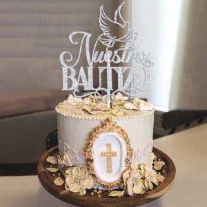 Nuestro Bautizo Cake Topper, Spanish First Holy Communion Christening Baptism Day Decor, Bridal Shower/Wedding/Baptism/Baby Shower Party Decorations, Silver Glitter