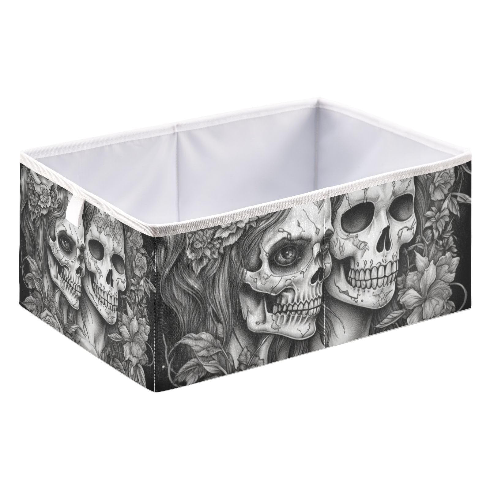 YMGQYJ Black White Skulls Floral Collapsible Storage Cube, Organizing Basket with Support Board for Shelf Closet Cabinet 15.7×10.6×6.9 in