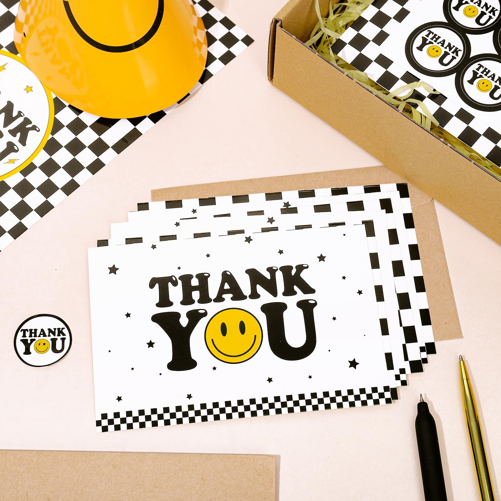 Whaline 40Pcs One Happy Dude Thank You Greeting Cards with Envelopes and Stickers Checkerboard Smile Face Thank You Cards for Back to School Birthday Baby Shower Decors, 4 Designs