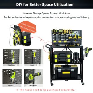 Lumizone 3-Tier Foldable Rolling Tool Cart with Wheels, Utility Cart with Pegboard for Garage Organizer and Tool Storage, Power Tool Storage Cart on Wheels (Tool Cart)