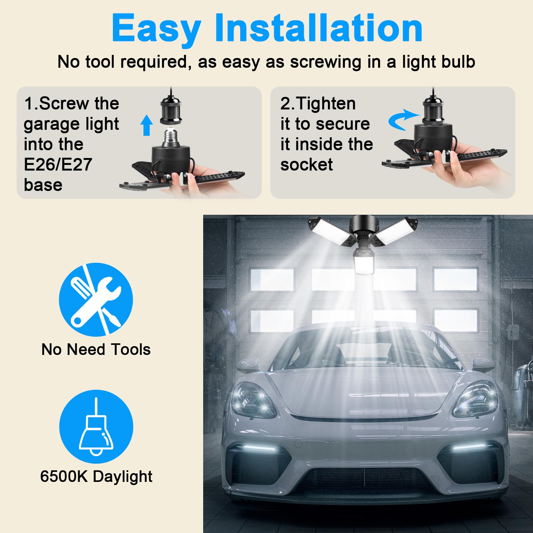 Kofarrten LED Garage Lights, 80W LED Garage Lights, Super Bright 8000LM 6500K Deformable LED Garage Ceiling Lights Shop Lights for Garage, Workshop, Basement，Warehouse (1Pack)