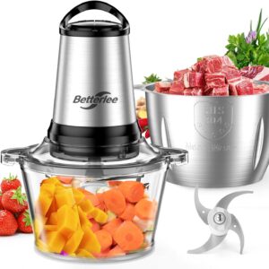 Meat Grinder, 500W Powerful Food Processor with Handle, 2 Bowls(8 Cup+8 Cup)-Includes 1 Set of Bi-Level Blades, Electric Veggie Chopper for Family, Baby Food, Nuts, Grains