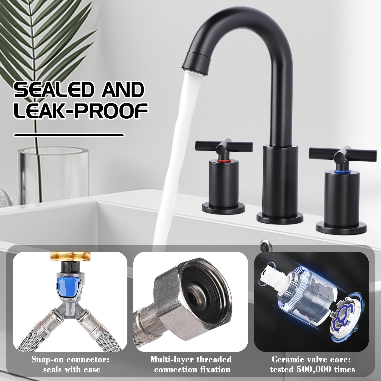 GXCROR Bathroom Faucets for Sink 3 Hole,2-Handle 8 inch Widespread Bathroom Sink Faucet with Pop Up Drain and Faucet Supply Hoses, Matte Black Basin Faucet Mixer Taps