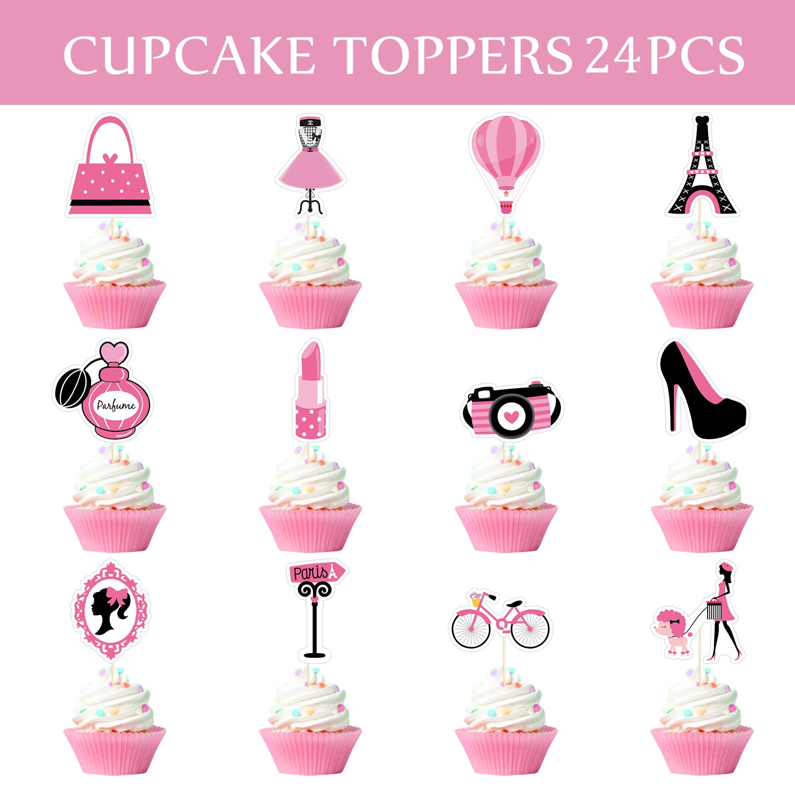 24 Pcs Pink Paris Princess Theme Cupcake Toppers for Girls Birthday Party Handbag Eiffel Tower Lipstick Tie High Heel Cupcake Decorations for Bridal Baby Shower Birthday Wedding Party Supplies