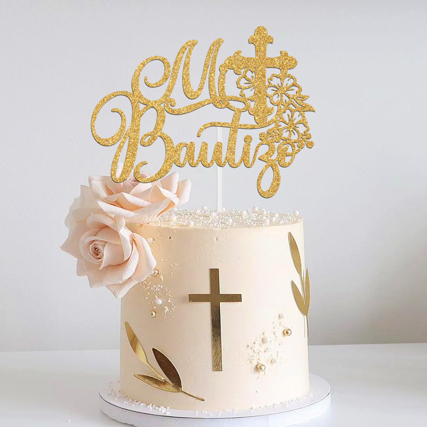 Mi Bautizo Cake Topper, Mi Primera Comunion, First Holy Communion, Bridal Shower/Wedding/Baptism/Christening Baby Shower Party Decorations, Gold Glitter