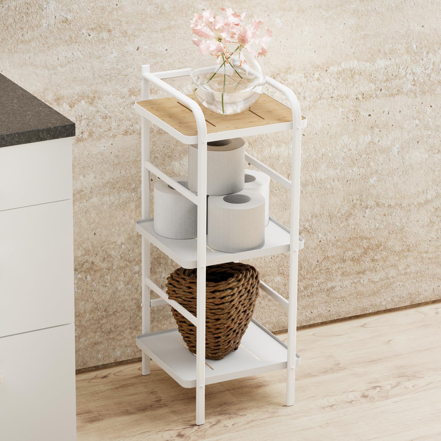 Home Zone Living 3 Tiers Storage Racks and Shelving, Bamboo Accent with Steel Frame, Standing Shelf for Kitchen, Living Room, Bathroom, Balcony, Multipurpose Rack, White