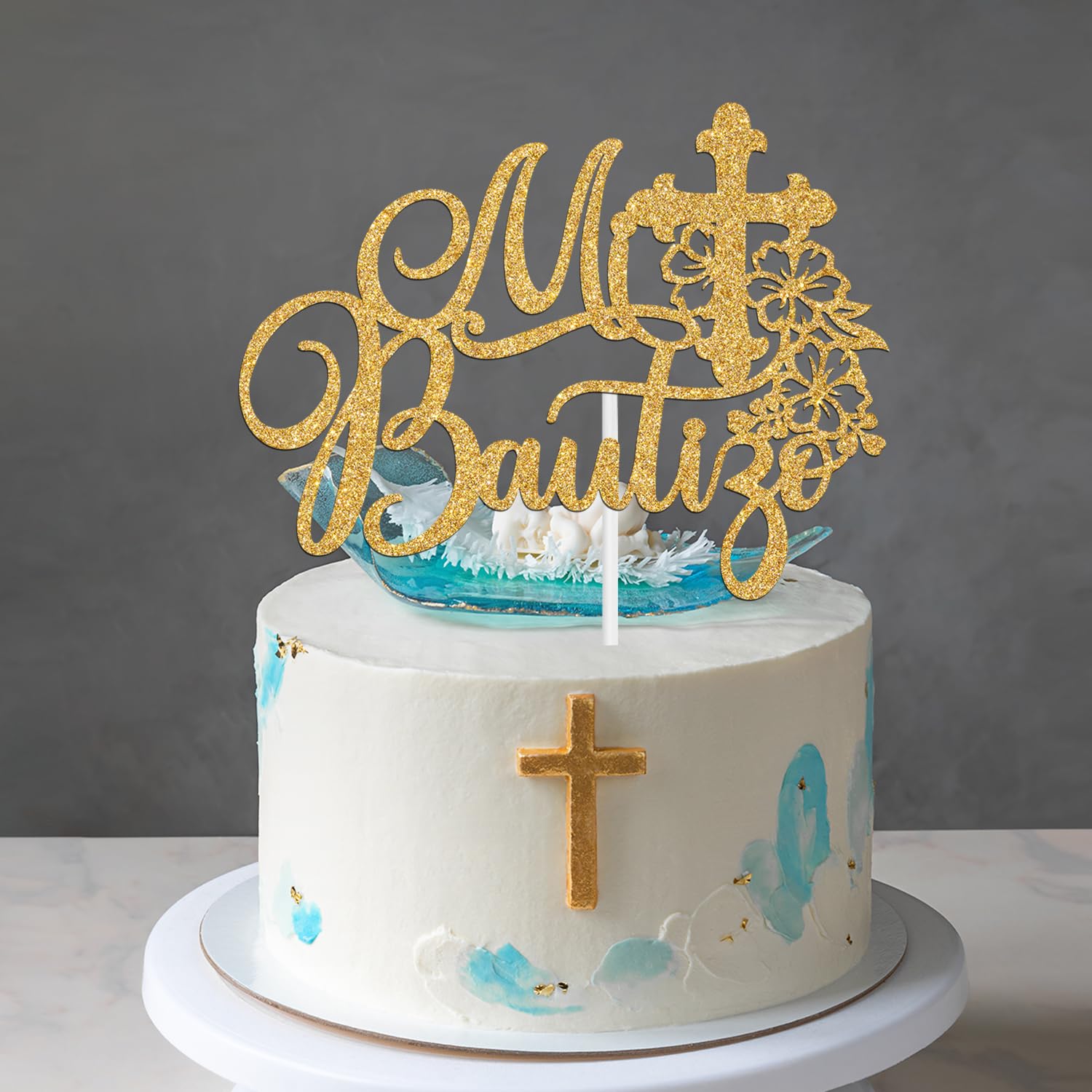 Mi Bautizo Cake Topper, Mi Primera Comunion, First Holy Communion, Bridal Shower/Wedding/Baptism/Christening Baby Shower Party Decorations, Gold Glitter