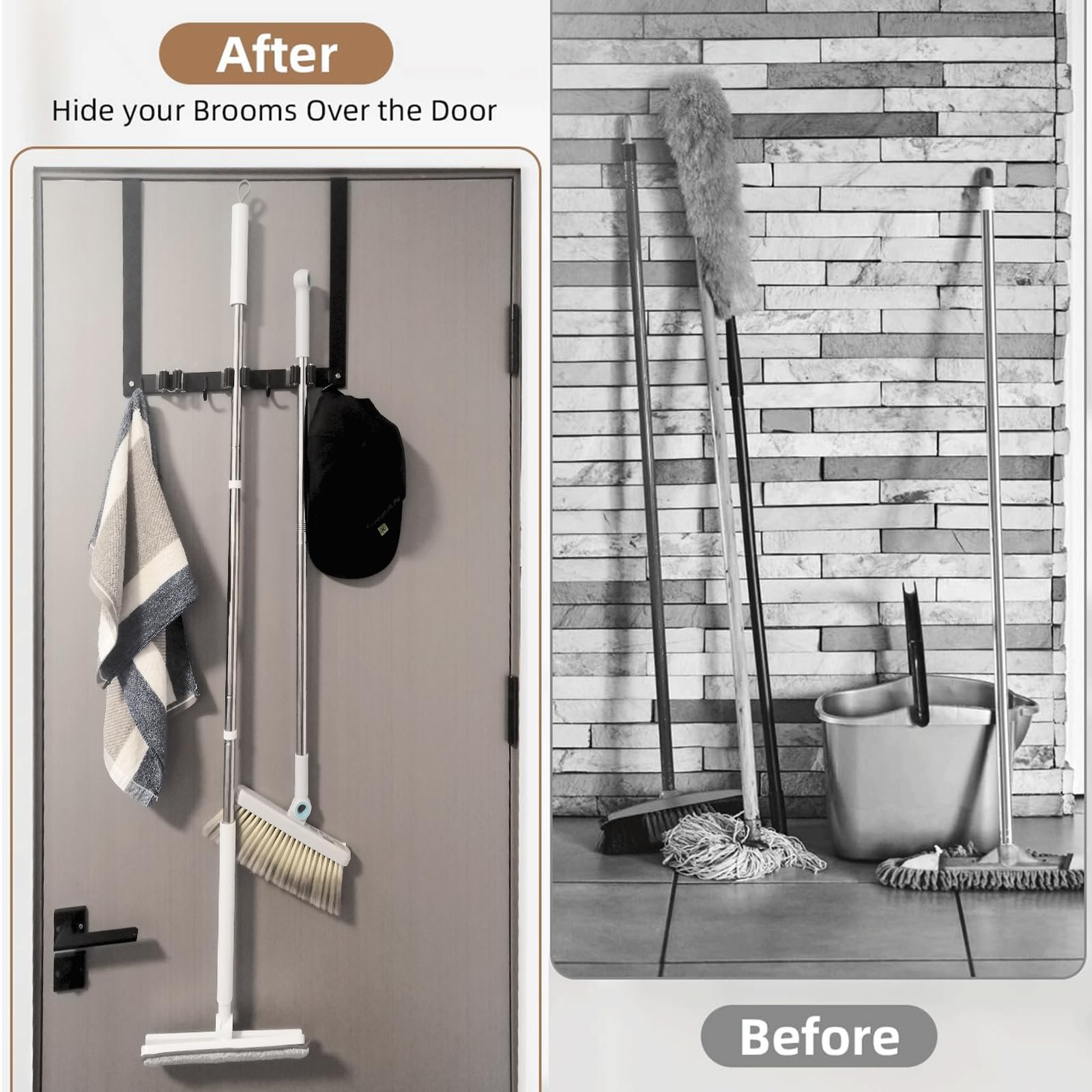 Over the Door Broom and Mop Holder，Drilling Free Mop and Broom Holder Wall Mount with 2 Over Door Hooks，Metal Mop and Broom Holder for Laundry Room, Garage, Kitchen, Closet, Bathroom