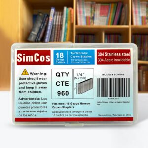 SimCos 18 Gauge 1/4" Narrow Crown 304 Stainless Steel Staples 1 Inch 960 Counts for 18 GA Pneumatic or Electric Stapler or Staple Gun