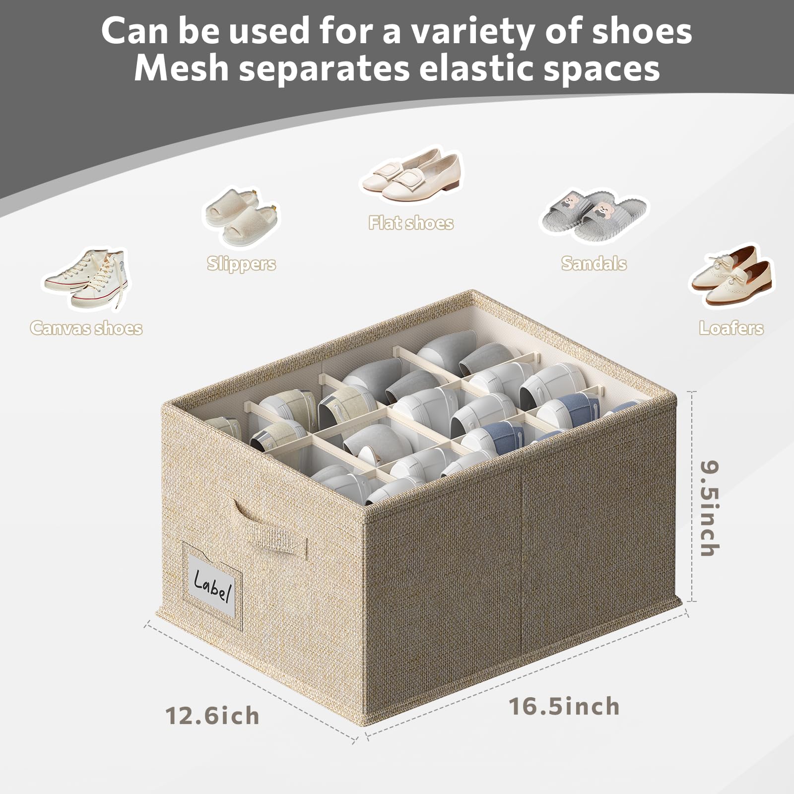 FHSQX 2 Pack Shoe Organizer for Closet,Fits up to 24 Pairs,Fabric Shoe Storage Bins,Large Shoe Box Storage Containers with Bottom Support for Shoes (Beige, (16.5 * 12.6 * 9.5) x1)