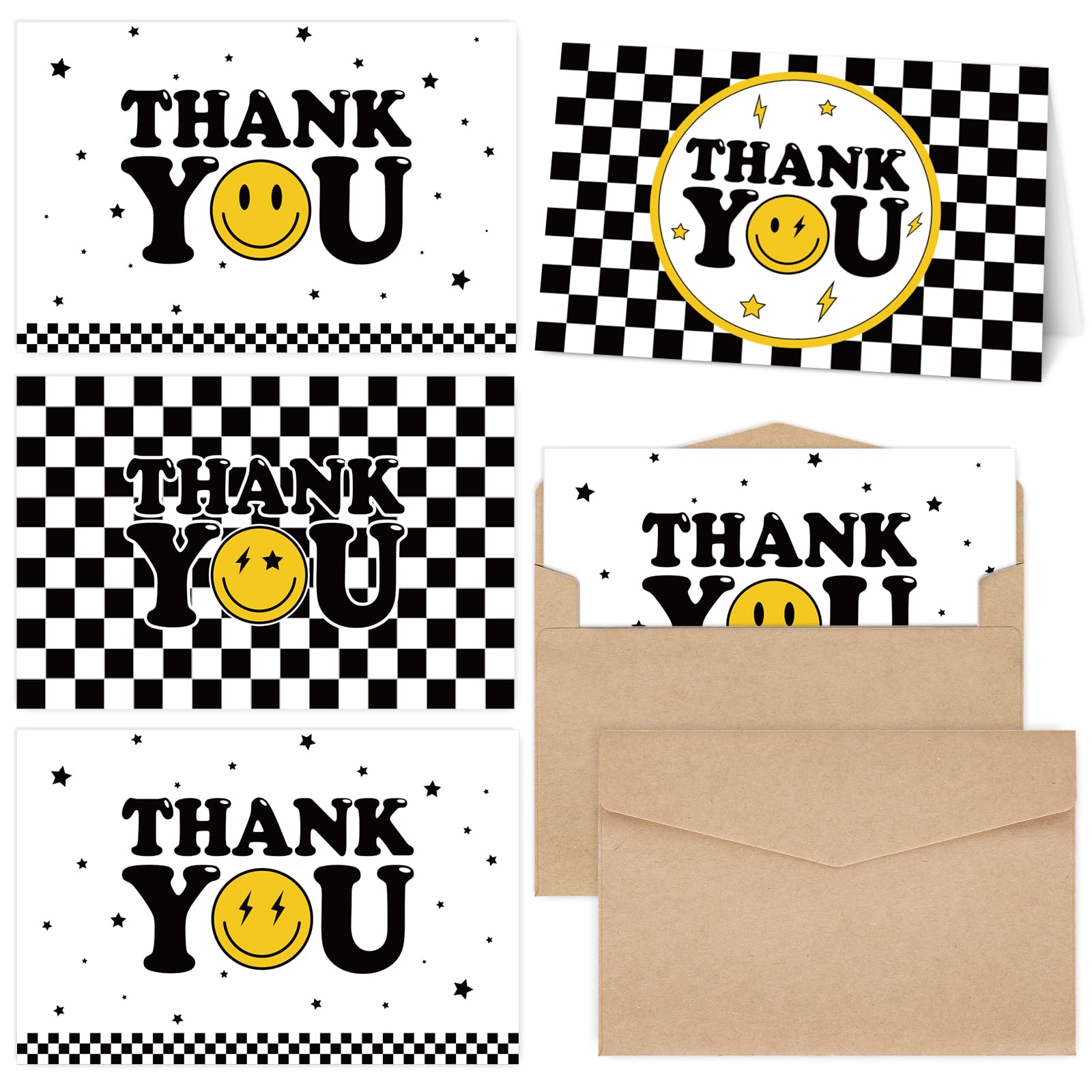 Whaline 40Pcs One Happy Dude Thank You Greeting Cards with Envelopes and Stickers Checkerboard Smile Face Thank You Cards for Back to School Birthday Baby Shower Decors, 4 Designs