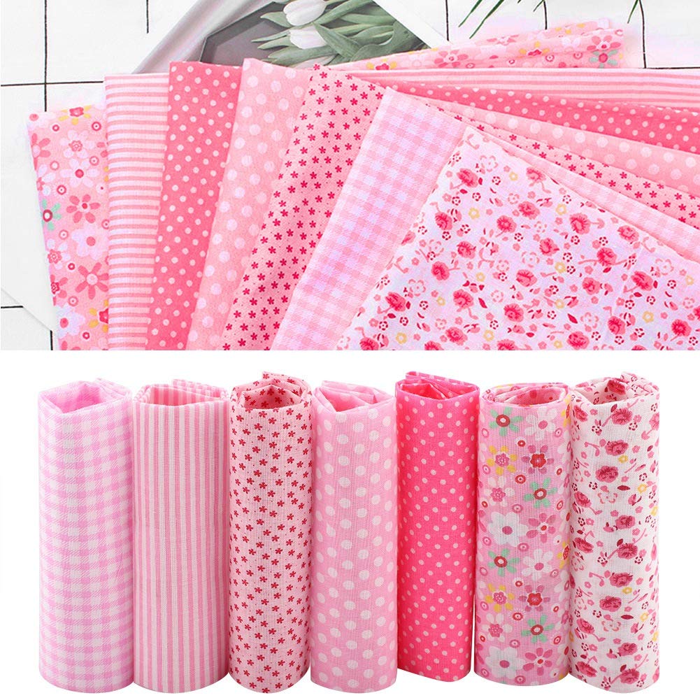 7Pcs 50 * 50cm Cotton Material Fabric, DIY Assorted Squares PreCut Bedding Suite Quarters Bundle, Yellow Floral Fat Quarters Quilting Fabric Bundles for Crafting Home Decoration Sewing (Pink)