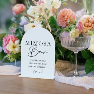 Acrylic Mimosa Bar Sign with Stand- 5"x7" White Arch Acrylic Wedding Sign and Base,1/8" Thick | Modern Calligraphy Black Lettering Acrylic Table Sign for Wedding & Party