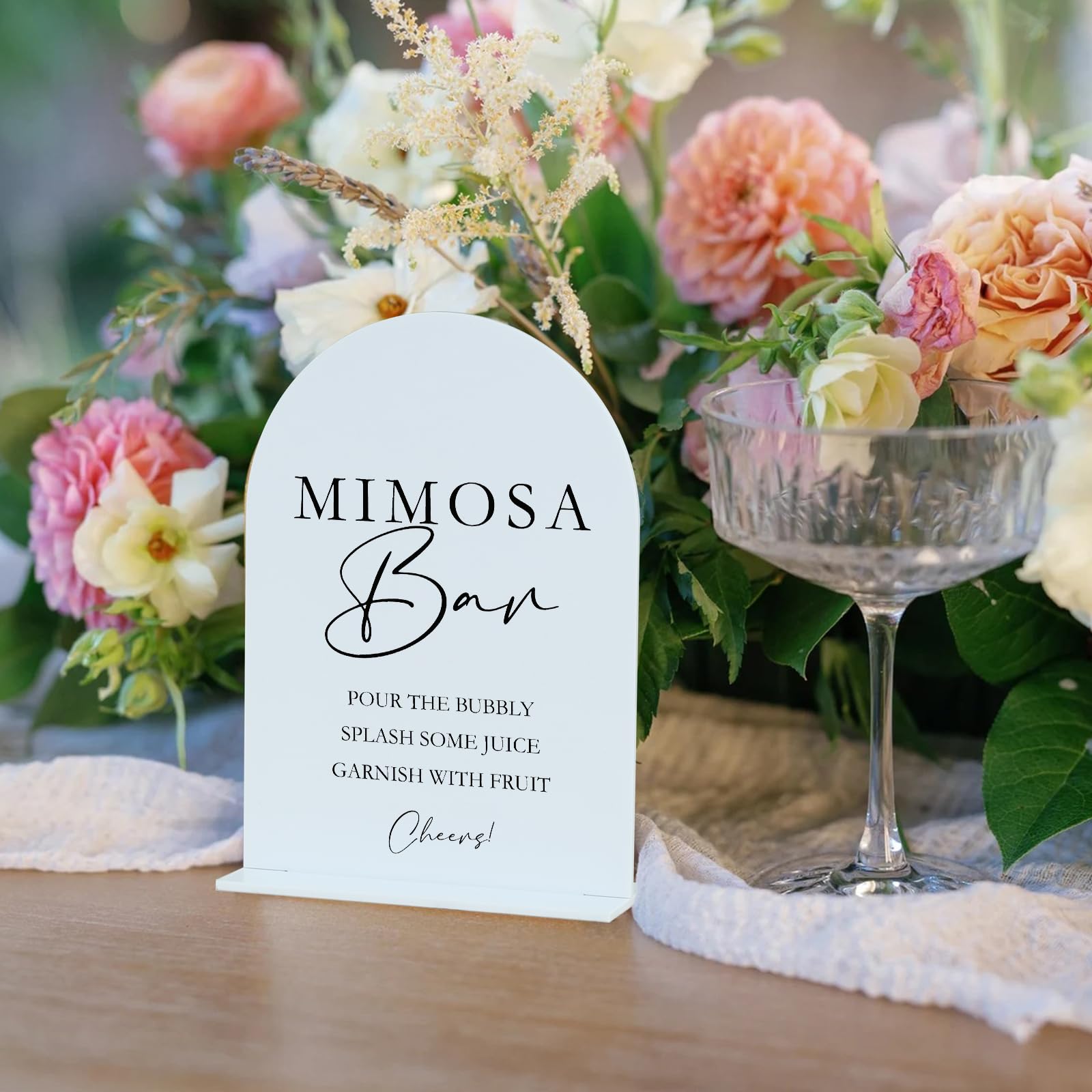 Acrylic Mimosa Bar Sign with Stand- 5"x7" White Arch Acrylic Wedding Sign and Base,1/8" Thick | Modern Calligraphy Black Lettering Acrylic Table Sign for Wedding & Party