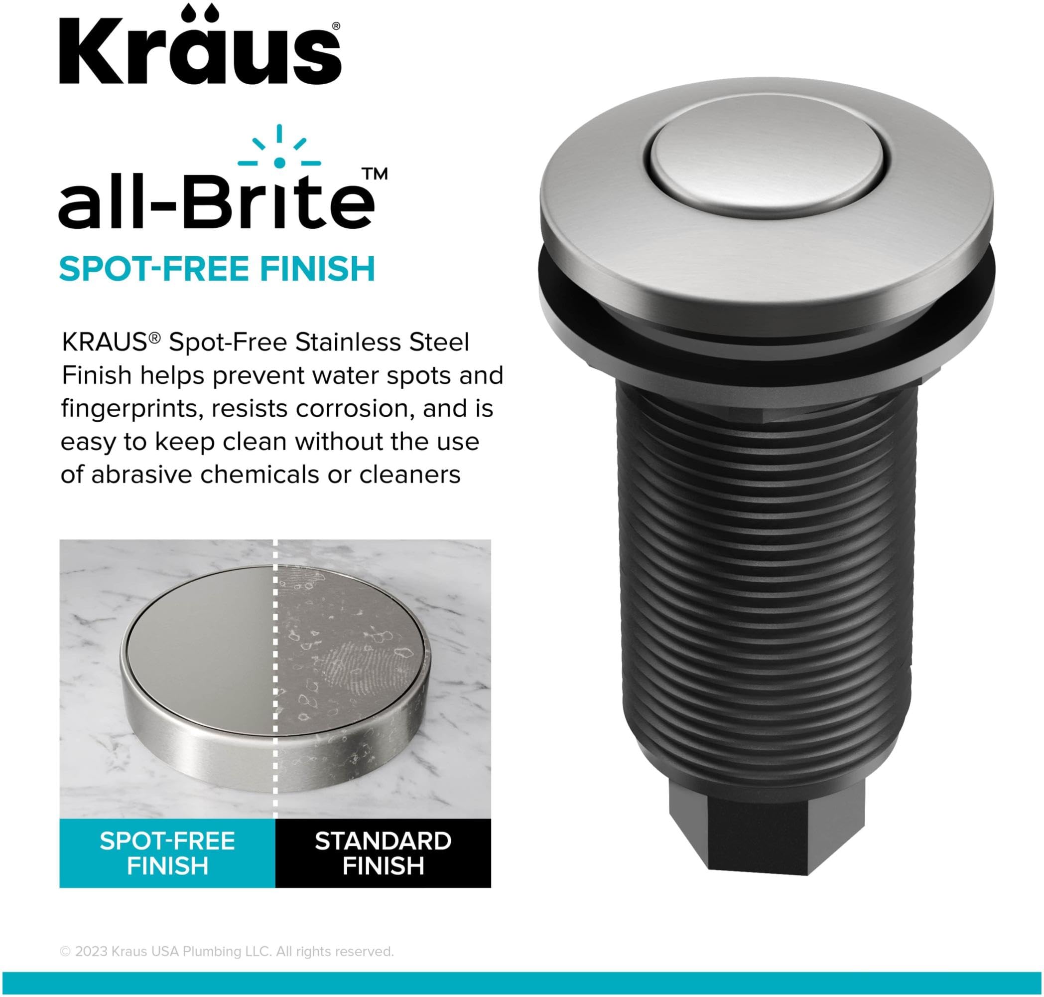 KRAUS Garbage Disposal Air Switch Kit in Spot-Free Stainless Steel with Push Button, AC Adapter, Power Cord, and Air Tube Included, KWDA-100SFS