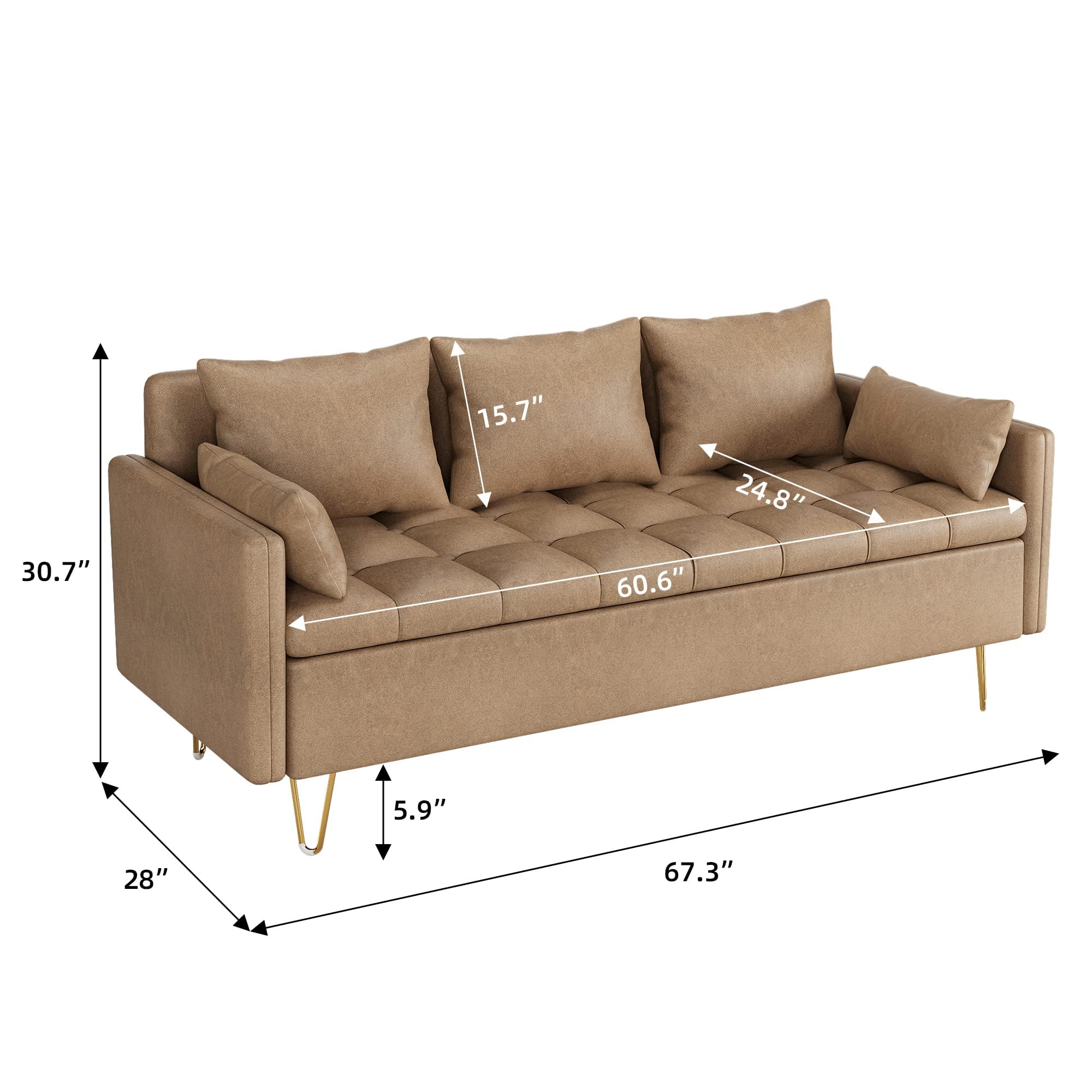 Couch, 3-Seat Faux Leather Sofa with Lift-Up Storage Box, Thick Foam Cushion with Button Tufted Design, and Gold Metal Leg, Couches for Living Room, Apartment, Office (Light Brown)