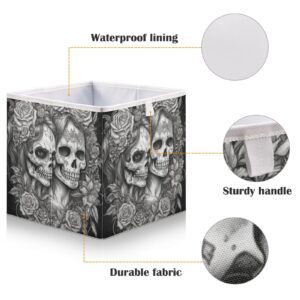 YMGQYJ Black White Skulls Floral Collapsible Storage Cube, Organizing Basket with Support Board for Shelf Closet Cabinet 15.7×10.6×6.9 in