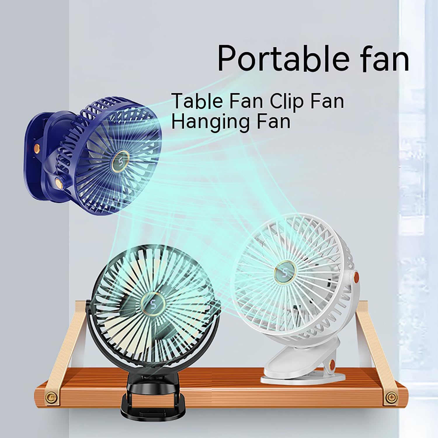 AbuDodo Portable Clip on Fan with LED Light, Digital Display, Quiet, 5-Speed Rechargeable Mini Table Fan, 360° Rotation: Personal Cooling Device for Home, Office, Stroller, Camping, Outdoor - Blue