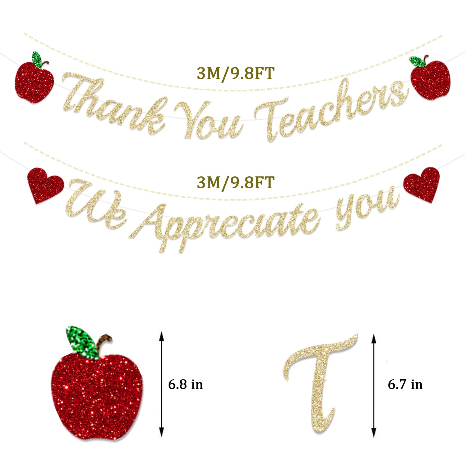 Teacher Appreciation Decorations Banner Glittery Thank You Teachers We Appreciate You Banner Teacher Appreciation Week Garland Banner with Glittery Red Heart Apple Teacher Day Teachers Day Party Decorations Supplies