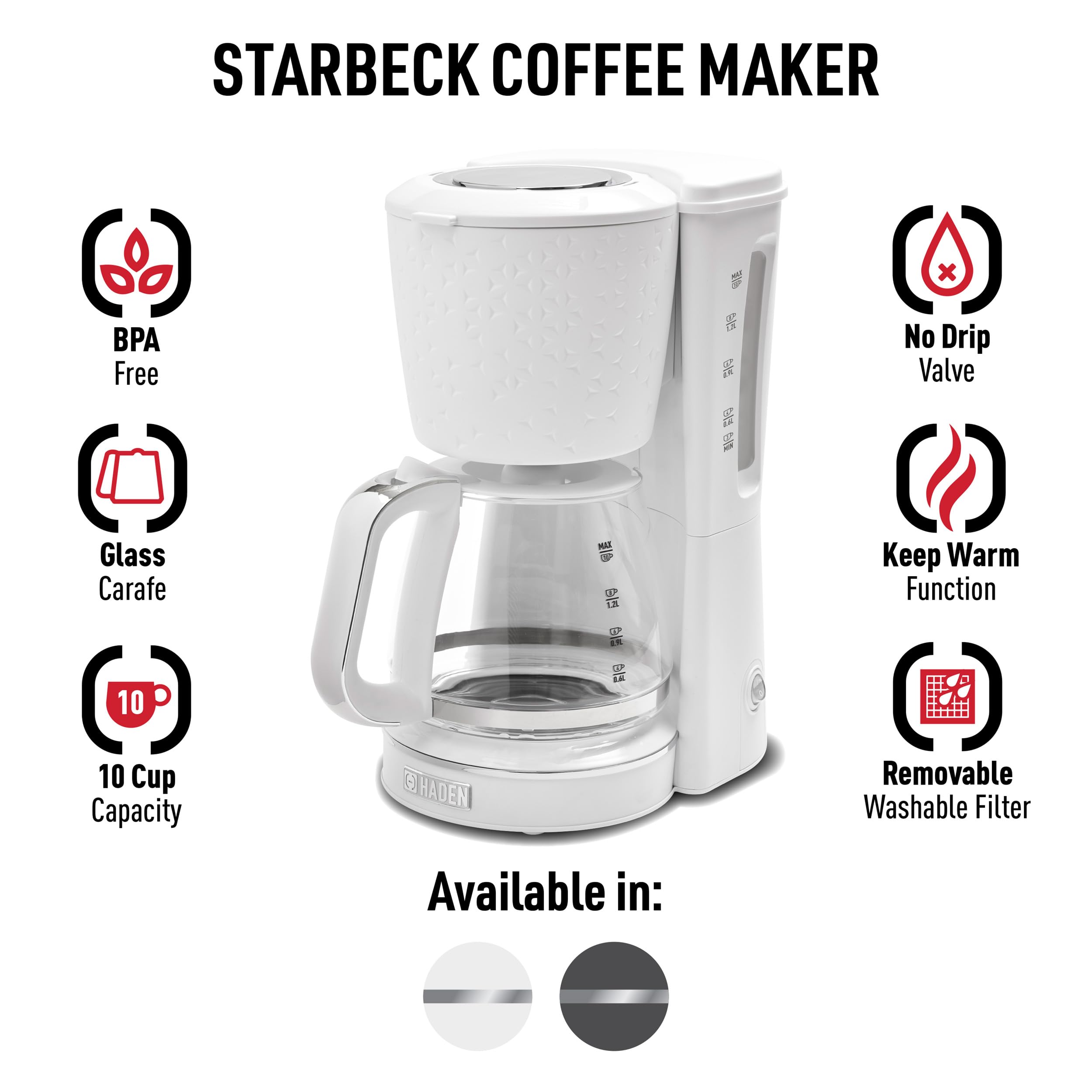 HADEN Starbeck Elegant Easy to Clean Drip Coffee Machine with Glass Carafe, 30 Second Anti Drip and Keep Warm Function, 1.5 Liter Tank, White/Chrome