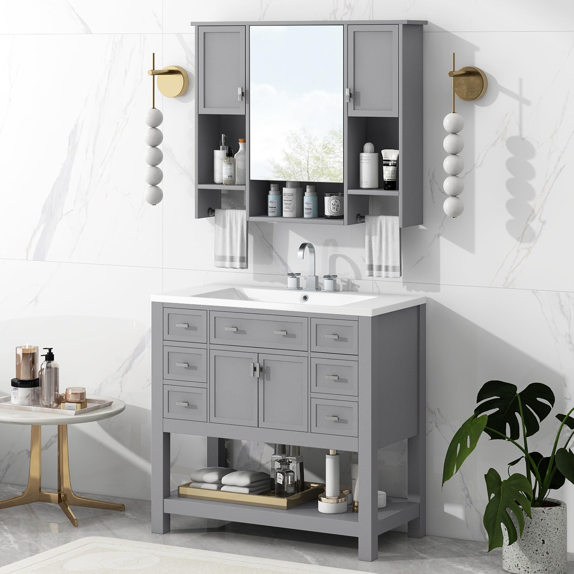 Merax Bathroom Medicine Cabinet with Mirror, Wall Mounted Bathroom Storage Cabinet with Mirror Door & Open Shelf, Over The Toilet Space Saver Storage Cabinet with Towel Rack (Grey Medicine Cabinet)