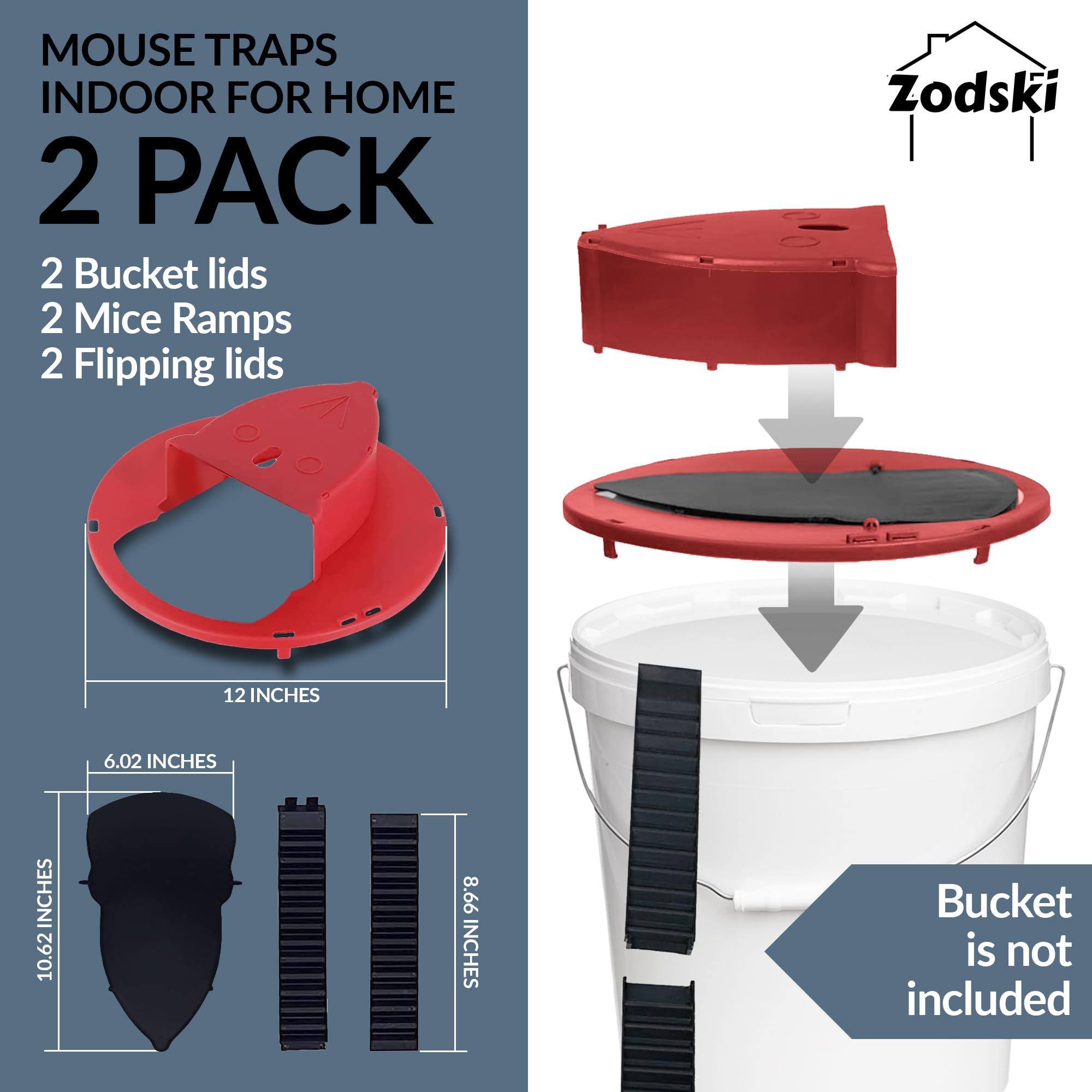 Zodski 2 Pack Bucket Mouse Trap Lid, Rat Trap Lid, 5 Gallon Bucket Compatible, Rat Traps, Mouse Traps Indoor for Home, Outdoor Mouse Traps, Mouse Bait, Humane Mouse Traps Catch and Release (2, Red)