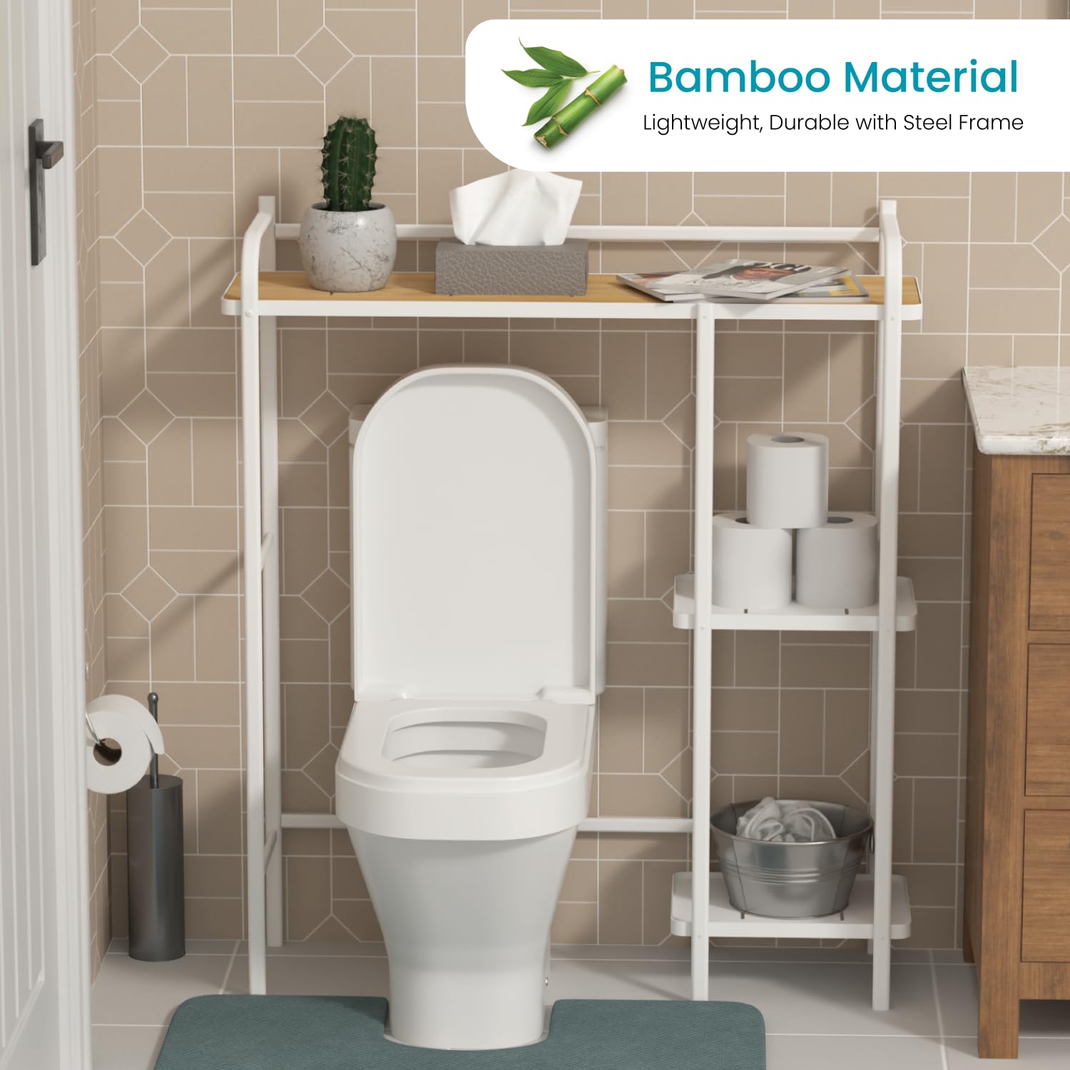 Home Zone Living Over The Toilet Bathroom Storage Organizer with Slim Shelving for Your Restroom, Kitchen, or Living Room, White Bamboo Accent Shelf