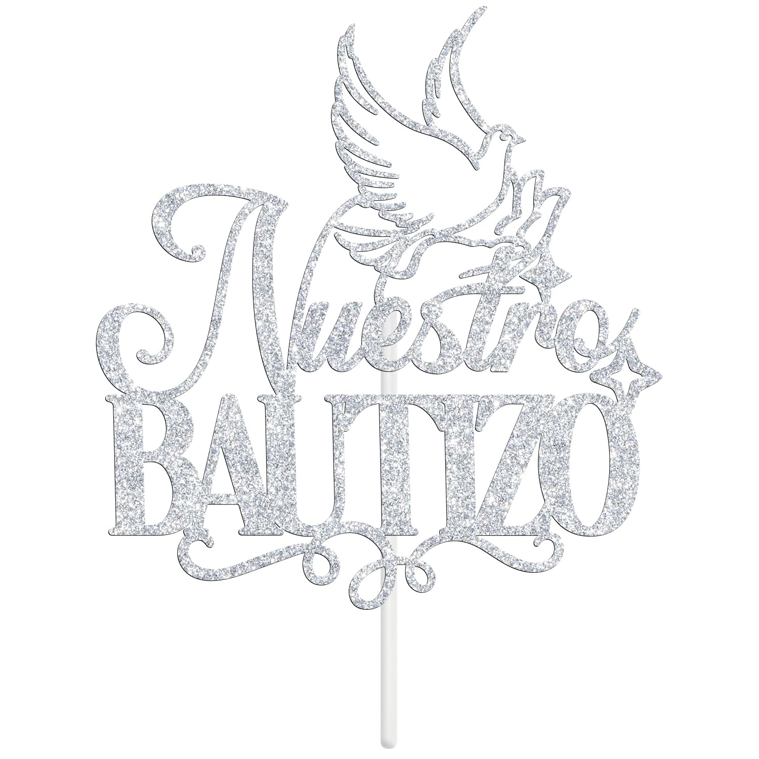 Nuestro Bautizo Cake Topper, Spanish First Holy Communion Christening Baptism Day Decor, Bridal Shower/Wedding/Baptism/Baby Shower Party Decorations, Silver Glitter