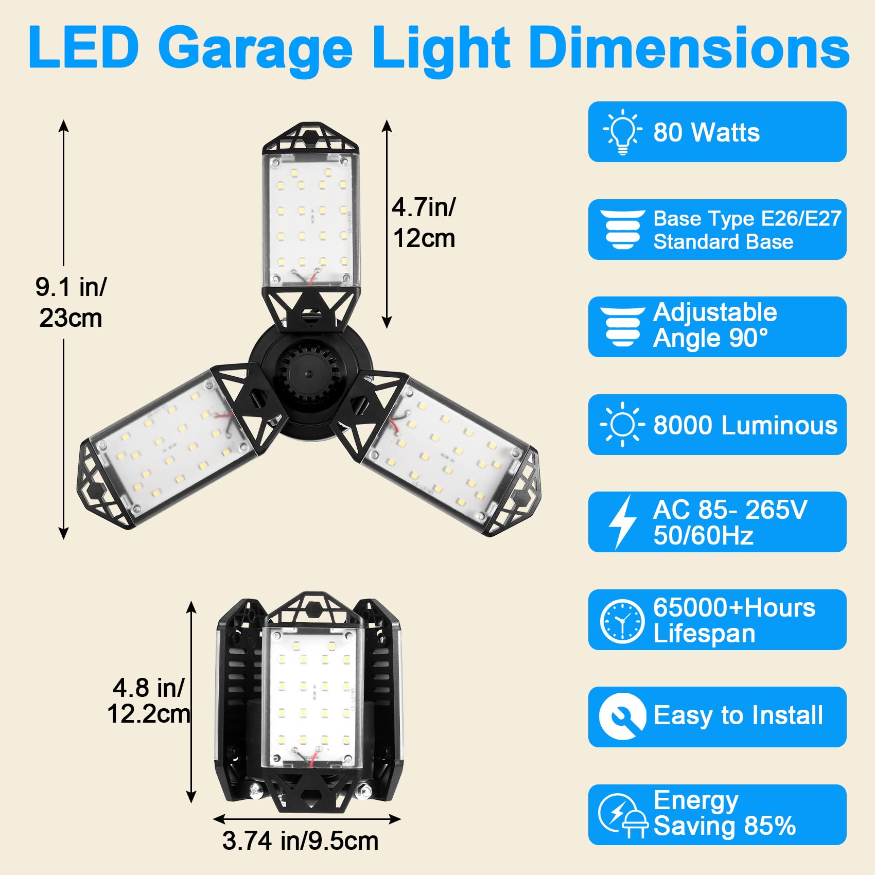 Kofarrten LED Garage Lights, 80W LED Garage Lights, Super Bright 8000LM 6500K Deformable LED Garage Ceiling Lights Shop Lights for Garage, Workshop, Basement，Warehouse (1Pack)