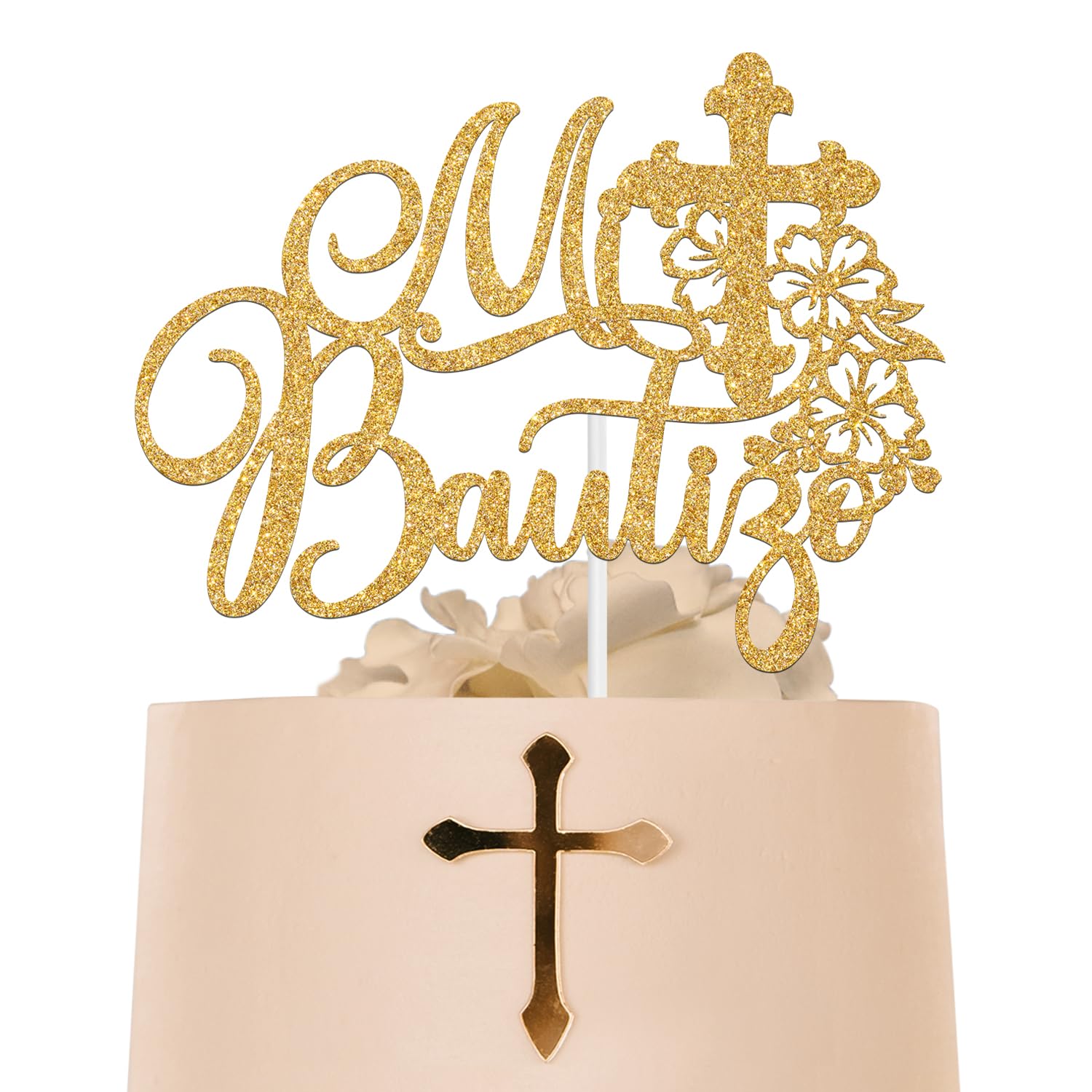 Mi Bautizo Cake Topper, Mi Primera Comunion, First Holy Communion, Bridal Shower/Wedding/Baptism/Christening Baby Shower Party Decorations, Gold Glitter