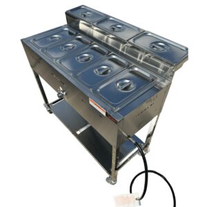 acero pro 5 container outdoor steam table food warmer cart (propane) - 3 condiment containers - total 8 standard 1/3 pans (12" x 6" x 4") - stainless steel - portable for home, commercial, & catering